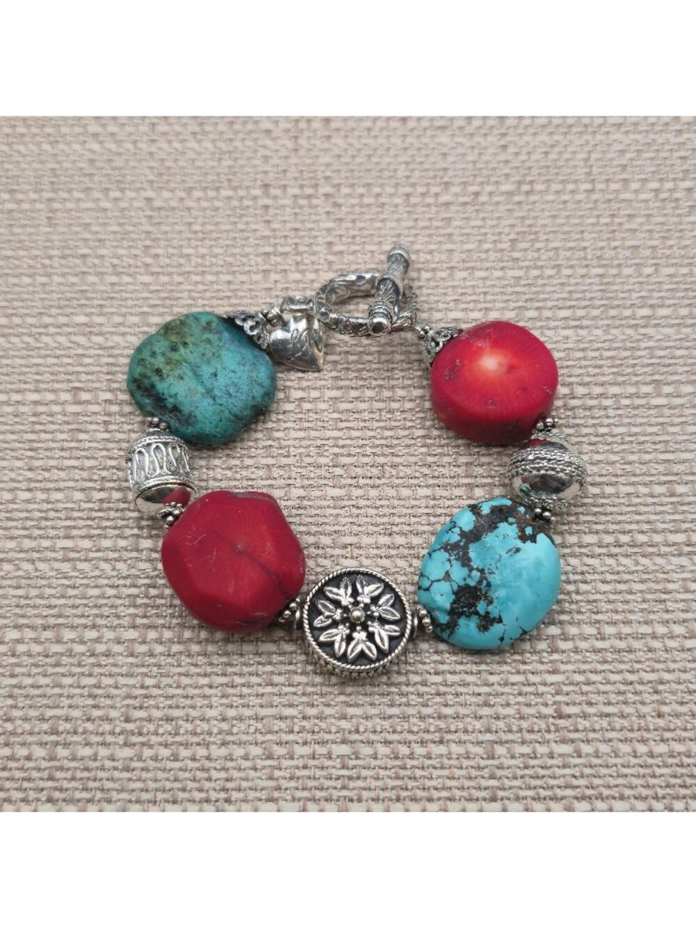 7.5 Inch Sterling Silver Silpada Turquoise Red Coral Nugget Charm Bracelet B1607